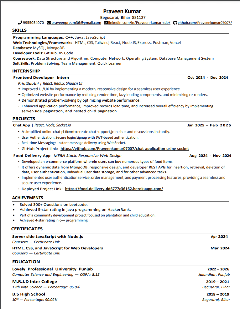 Praveen Kumar Resume Preview